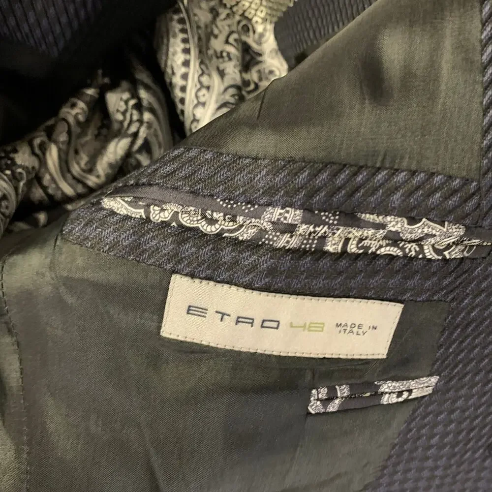 ETRO Chest Size 42 Black Navy Jacquard Wool Silk Peak Lapel Sport Coat
